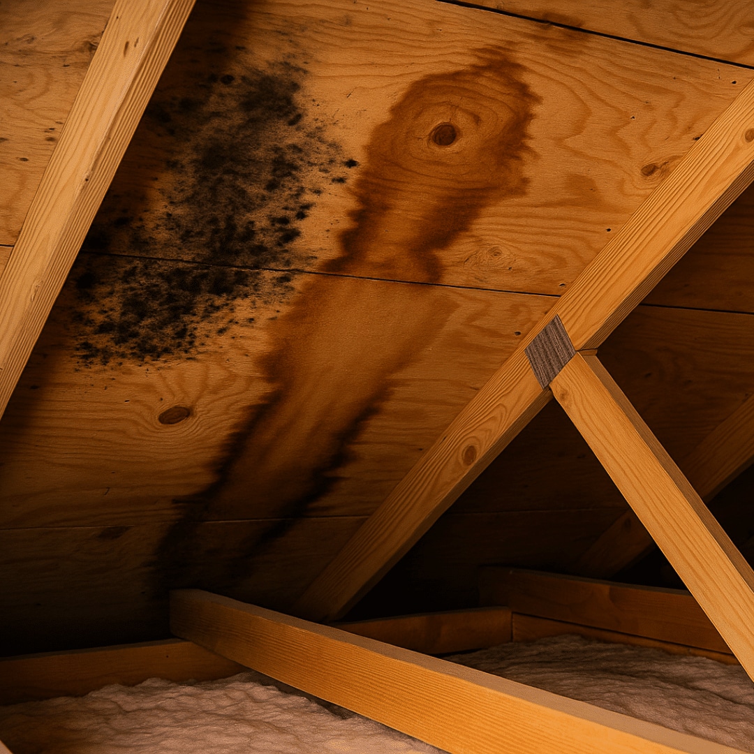 Water stains and mold growth in attic showing roof leak damage.
