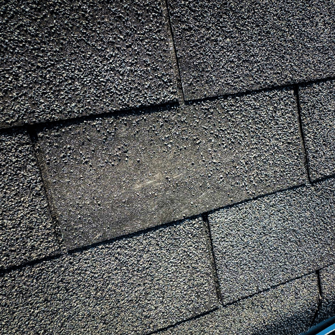 Close-up of asphalt shingles with missing granules.
