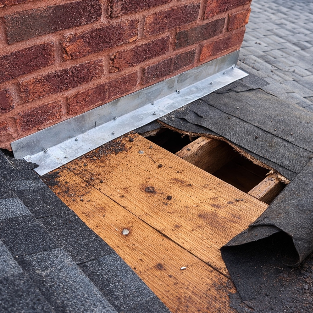 Roof decking and flashing exposed during roof replacement