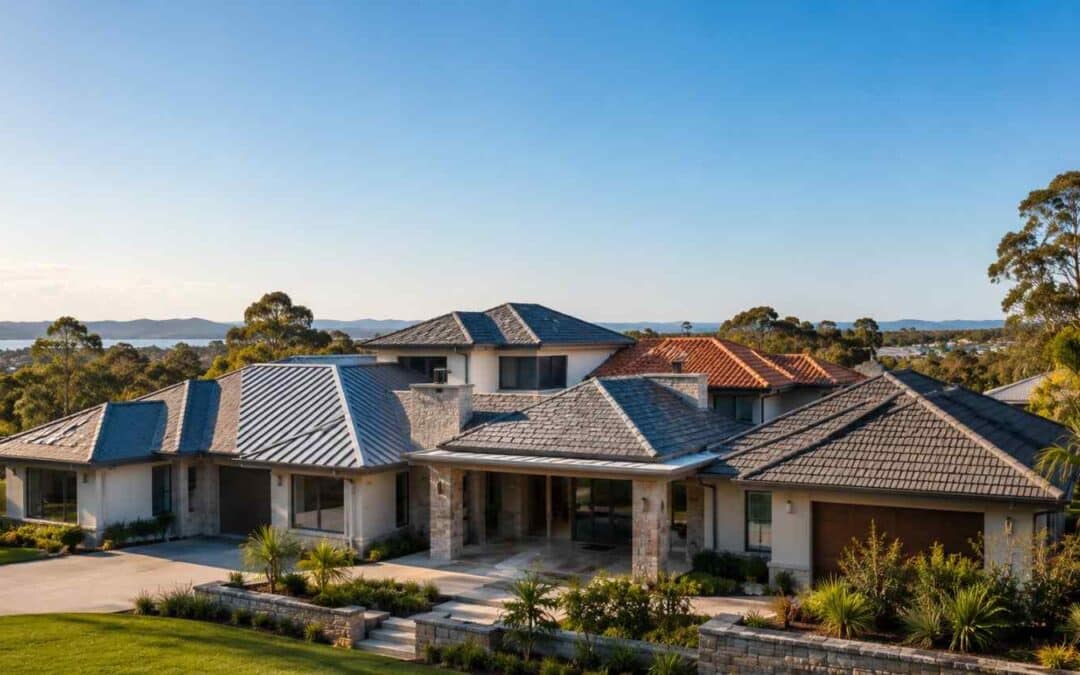 Luxury Australian home showcasing premium long-lasting roofing materials including standing seam metal, slate, terracotta, and concrete roof tiles with expert installation.