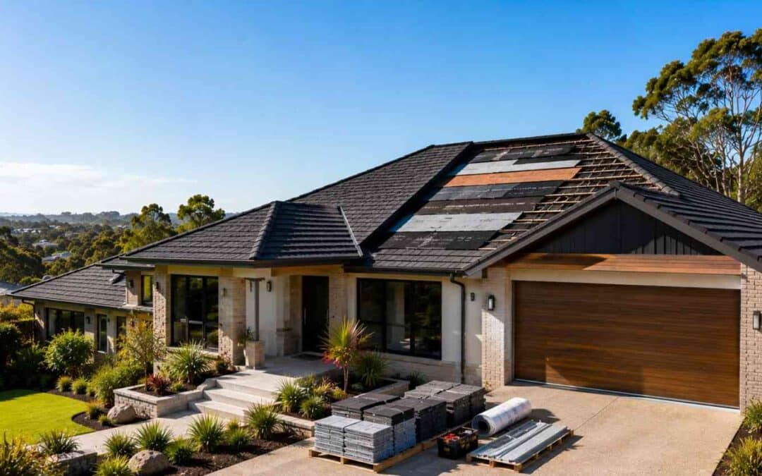 Modern home with construction details and landscaping