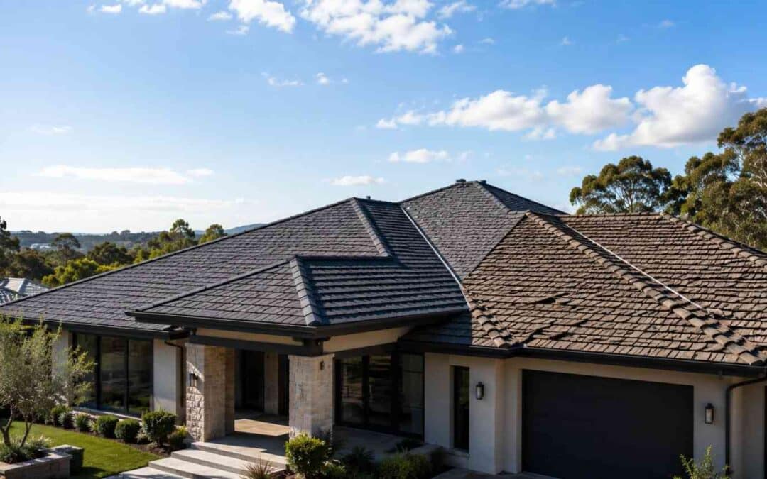 Modern home roof comparing premium architectural shingles with visibly aged curling shingles to illustrate differences in roofing material quality and durability.