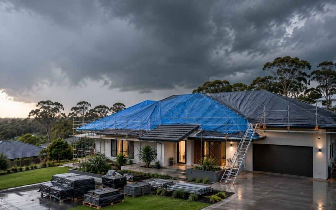 Modern Australian home with a professionally secured partially completed roof protected from stormy weather, illustrating safe roofing practices and weather-related installation delays.