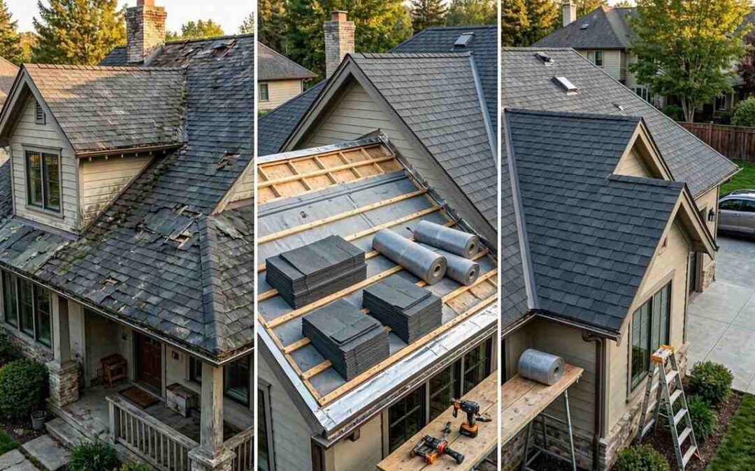 complete replacement of a 2000 square foot residential roof showing old roof replacement process and finished premium roofing system without people