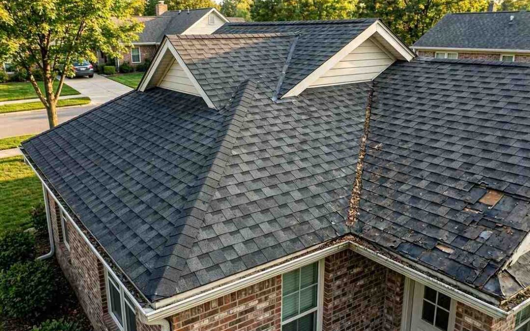 comparison of a new mid-life and aging 25-year asphalt shingle roof showing realistic roof lifespan and natural weathering without people