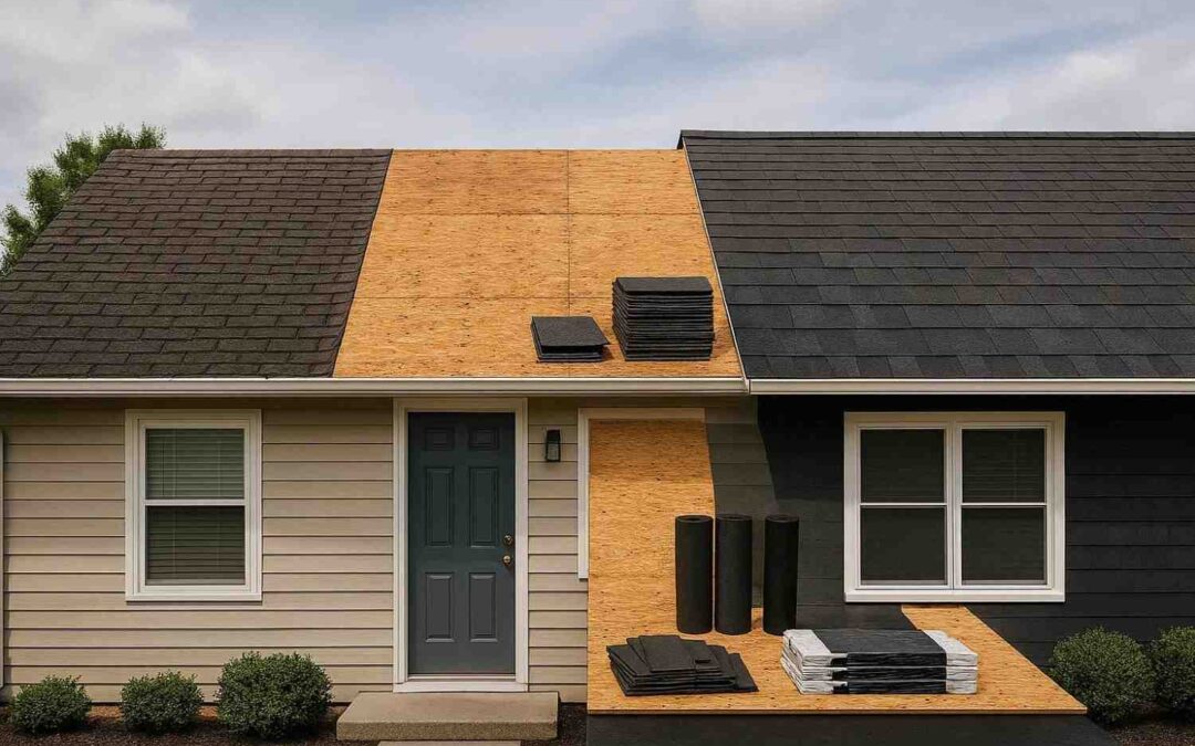 architectural asphalt shingle roof replacement on a 1200 square foot home showing roofing materials and completed installation without people