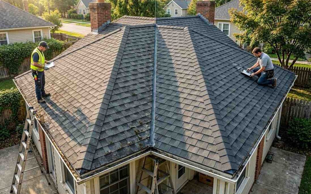 20 year old roof inspection comparing an aging roof with a newly replaced roof on a residential home