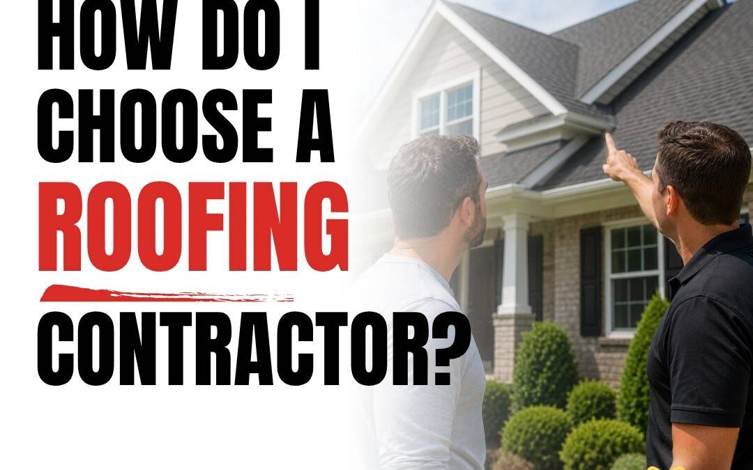 An infographic asks how to choose a roofing contractor, featuring a homeowner and a roofing professional inspecting a residential roof together. The design includes Good Shepherd Roofing branding and a "Trust the Good Shepherd" badge.